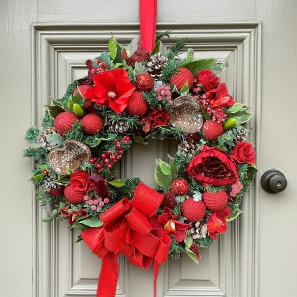 Red forever door wreath