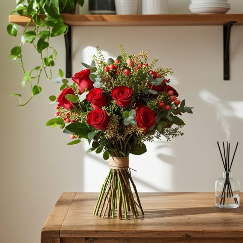 12 RED ROSE HAND TIED BOUQUET OF FLOWERS