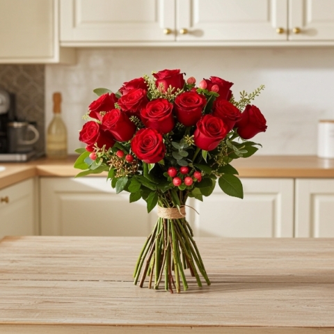 12 RED ROSE HAND TIED BOUQUET OF FLOWERS